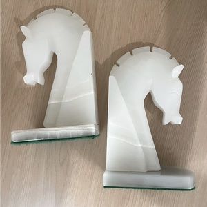 Vintage White Onyx Marble Hand Carved Horse Head Bookends